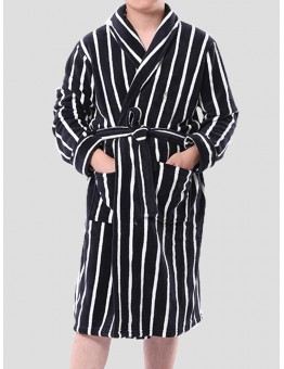 Mens Basic Striped Print Flannel Winter Thick Mid  Length Home Lounge Robes