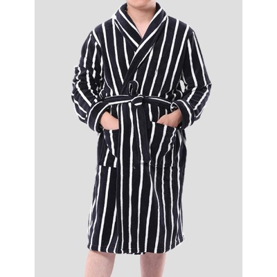 Mens Basic Striped Print Flannel Winter Thick Mid  Length Home Lounge Robes