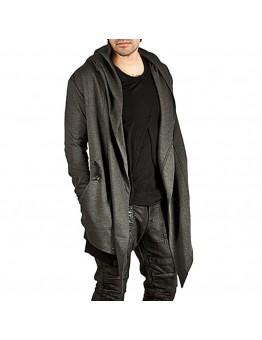 Mens Fashion Mid Long Avant  garde Irregular Hem Solid Color Pockets Hooded Cardigans