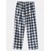 Mens Check Flannel Thicken Warm Elastic Waist Home Sleep Bottoms With Pocket