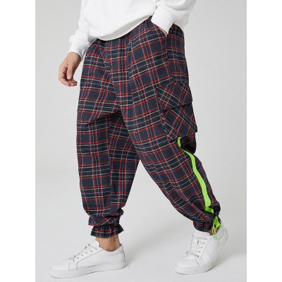 Mens Vintage Plaid Elastic Waist Zipper Fly Jogger Pants With Pocket