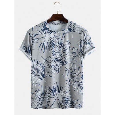 Mens Tropical Plant Print Crew Neck Holiday Short Sleeve T  Shirts