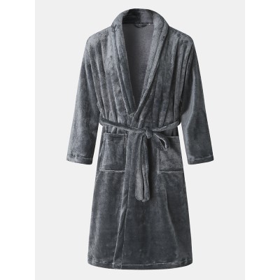 Mens Solid Color Flannel Thick Double Pocket Sashes Home Sleepwear Robes