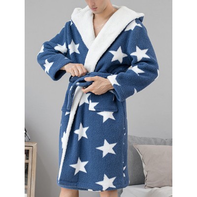 Mens Thick Star Print Home Sashes Plush Warm Hooded Sleepwear Robes With Pocket