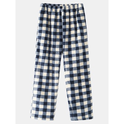 Mens Check Flannel Thicken Warm Elastic Waist Home Sleep Bottoms With Pocket