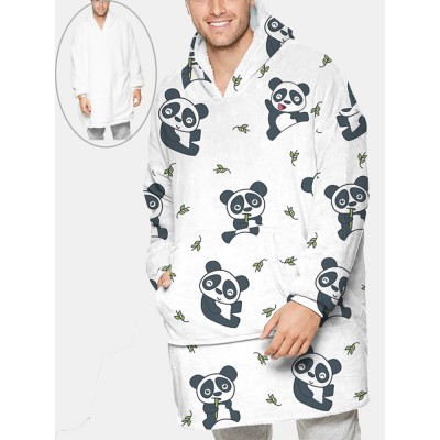 Mens Cute Panda Printed Flannel Oversized Two  Sided Blanket Hoodie With Pouch Pocket