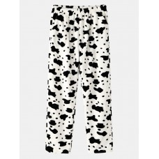 Mens Cows Pattern Thick Elastic Waist Plush Loose Pants Home Sleep Pants